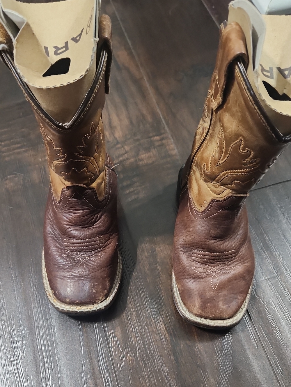 Boy's Ariat Two-Tone Brown Leather Cowboy Boots - Repair Needed
